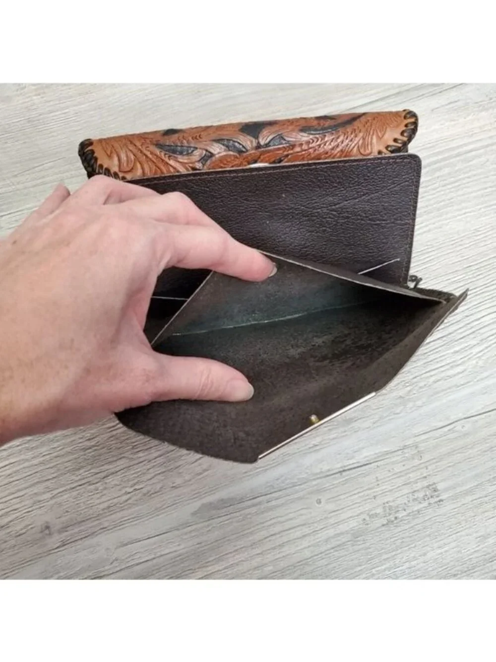 Vintage tooled leather turn lock wallet